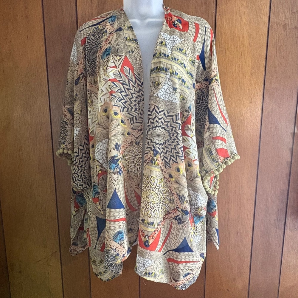 Umgee USA Kimono Cardigan Women's S/M‎ Sheer Tribal Pom Pom Boho Artsy Festival